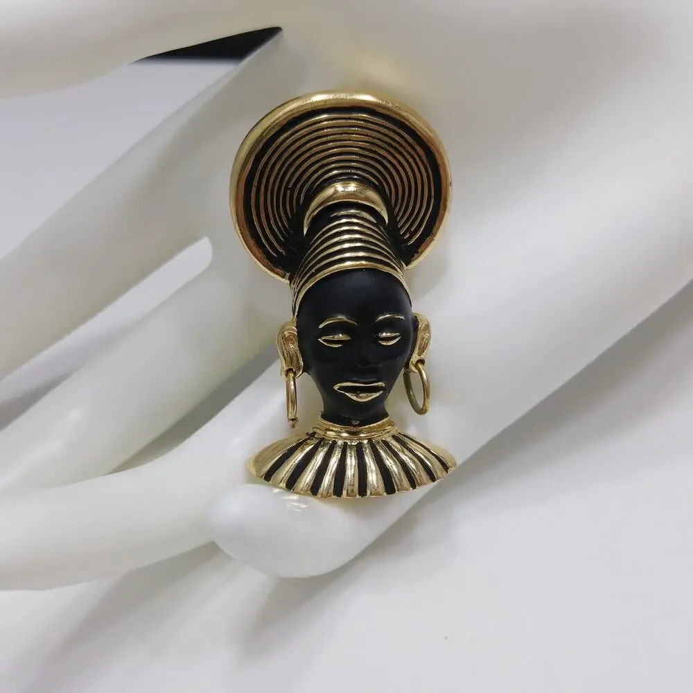Vintage Art Deco Tribal Queen Black Enamel Gold Tone Brooch - Picture 10 of 10